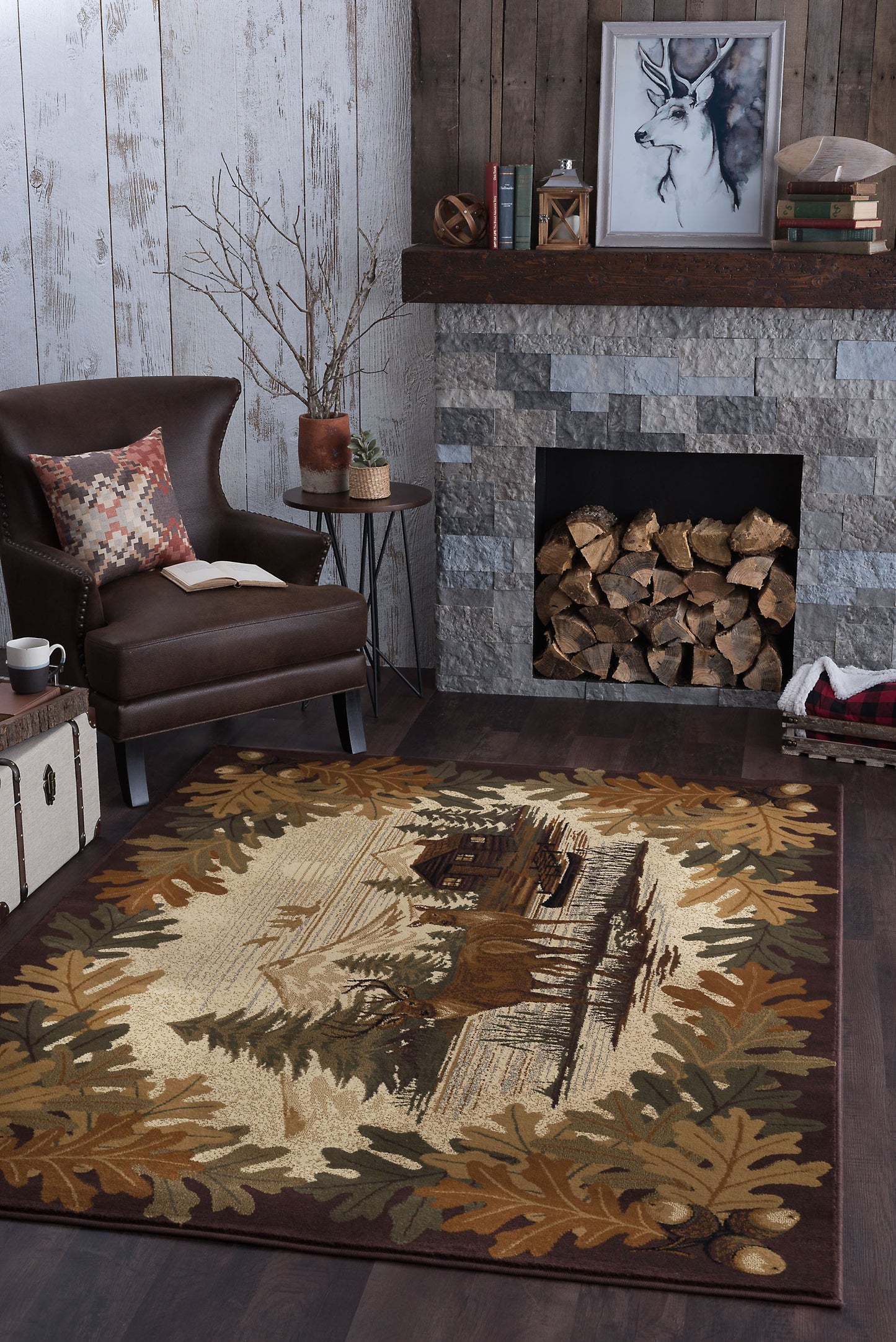 Tayse Lodge Area Rug NTR66-Oak Deer Novelty Cut Pile Indoor Polypropylene