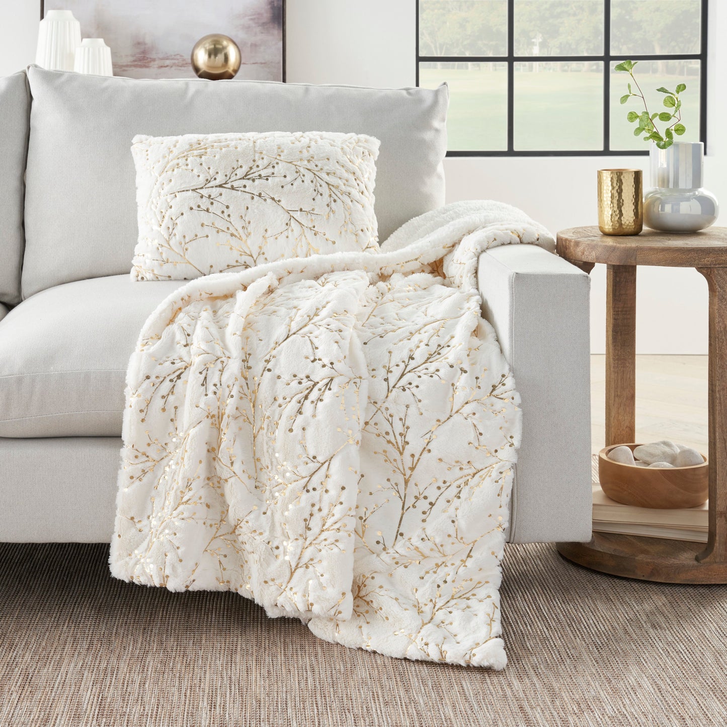 Faux Fur SN107 Synthetic Blend Metallic Branches Throw Pillow From Mina Victory By Nourison Rugs